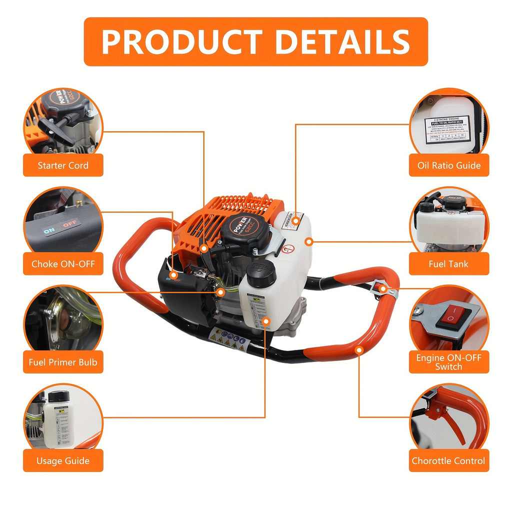 62CC Auger Post Hole Digger, 2 Stroke Gas Powered Earth Post Hole Digger With 2 Auger Drill Bits (6" & 8") + 1 Extension Rods For Farm Garden Plant, Orange (62CC)