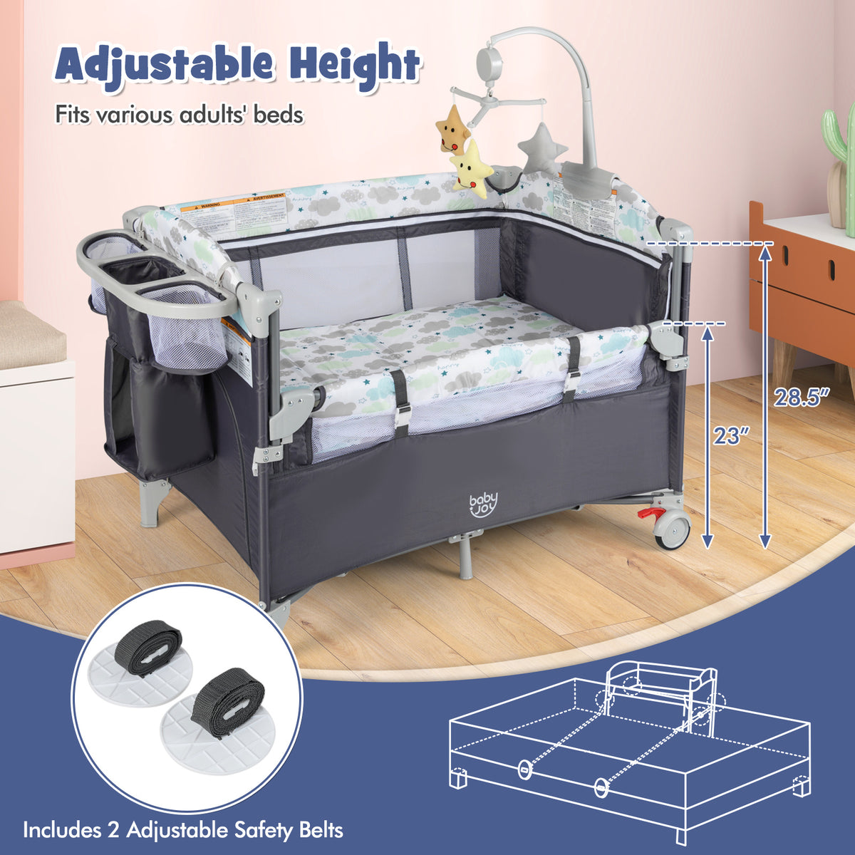 5in 1 Pack & Play W/ Diaper Changer Cozy Mattress Lockable Wheels Travel Bag, Grey, Item Weight:24lbs; Maximum Weight Recommendation:20lbs