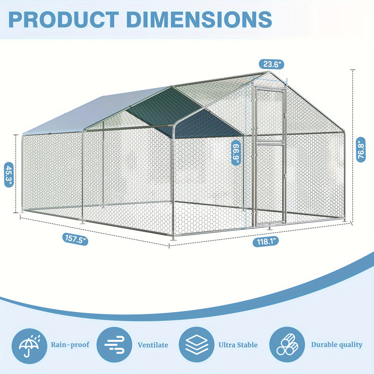 Polar Aurora Metal Chicken Coop, Large Outdoor Chicken Pen, Walk-In Chicken Run for 6-20 Chickens, Double Door Chicken House with UV Protection Cover for Backyard