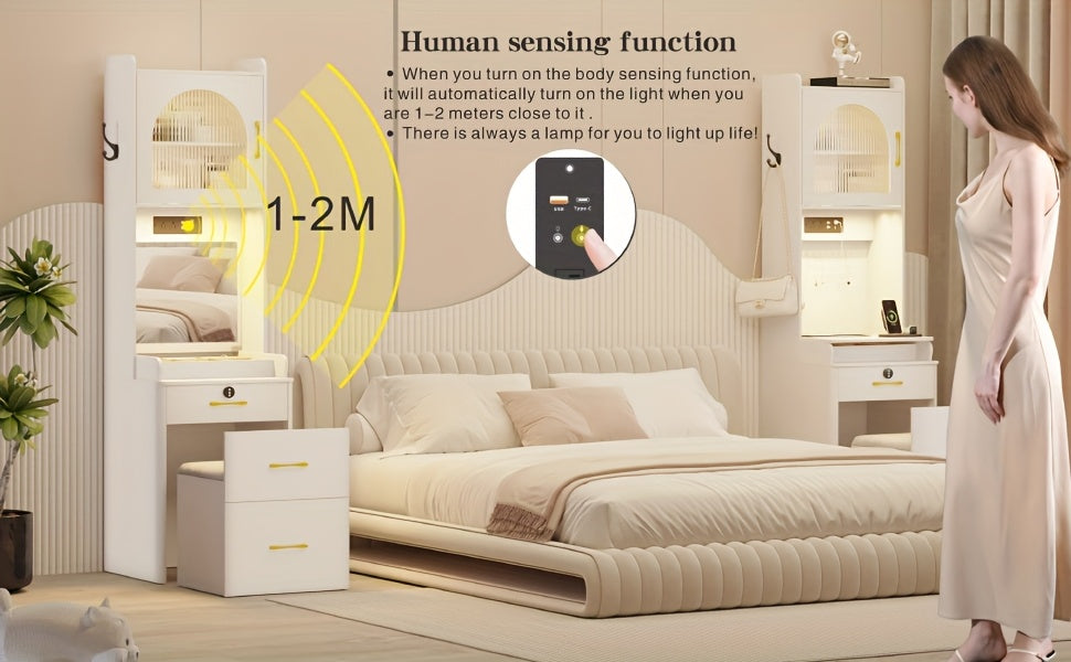 Dystler Small Vanity Desk with Mirror And Lights, Makeup Vanity Table with Drawers for Small Space, Compact Mini Corner Vanity Set Dressing Table - Charging Station & Human Motion Sensing for Bedroom9 (Grey)