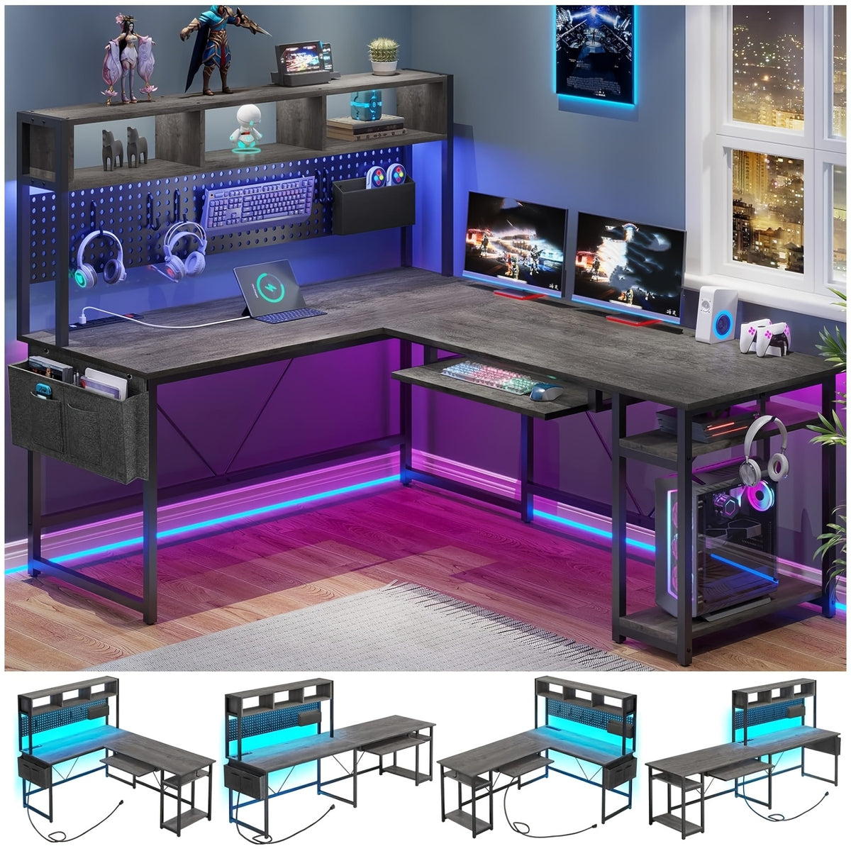 L-Shaped Gaming Desk, Reversible from a 67-Inch Corner Setup to a 94.5-Inch Two-Person Workstation