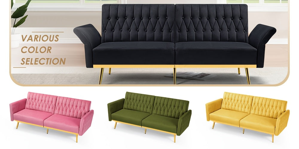 ACMEASE 70-Inch Velvet Convertible Sofa Bed with 2 Pillows, Adjustable Backrest And Armrest Tufted Sleeper Sofa with Golden Metal Legs for Living Room