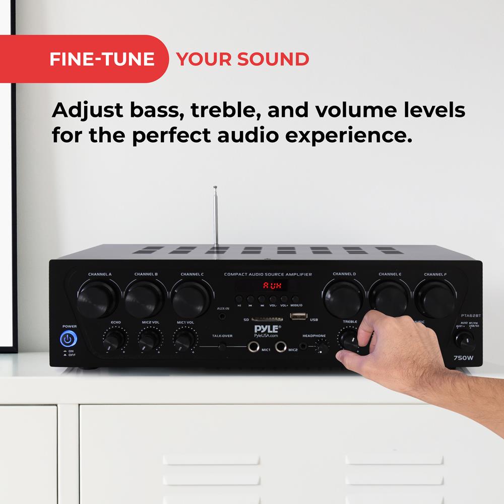 ALMOST GONE!!!!! 6-Channel Bluetooth Stereo Amplifier System with 750W Max Power Output, FM Radio with Digital LCD Display, Dual Microphone Inputs with Echo Control, USB/SD Readers, Subwoofer Output, AUX and RCA Inputs, Headphone Jack, Remote Control, Sho
