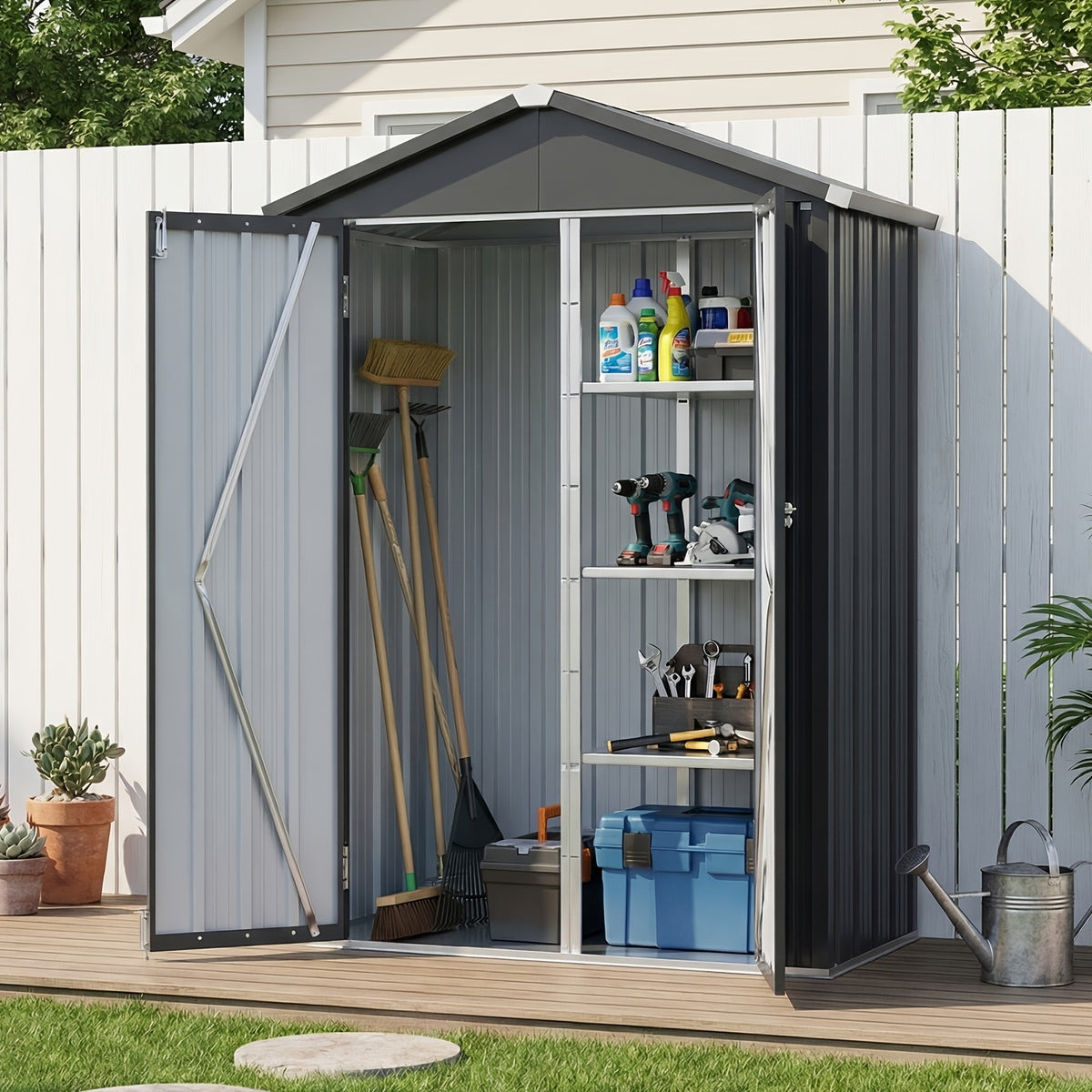 UMORLYRAE Vertical Metal Tool Cabinet, Weatherproof Outdoor Storage Shed with Floor Base & Adjustable Shelves, A-Frame Roof Design, Space-Saving for Garden, Garage, Patio(2.5x2ft/3.5x2.2ft)