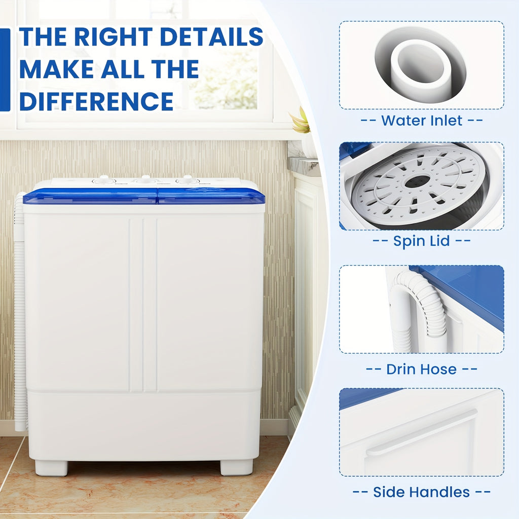 21Lbs Portable Washing Machine, Semi-automatic Compact Twin Tub Laundry Washer with Built-in Drain Pump, Time Control, 13Lbs Washer And 8Lbs Spin Dryer Combo for Apartments, Dorms, RVs