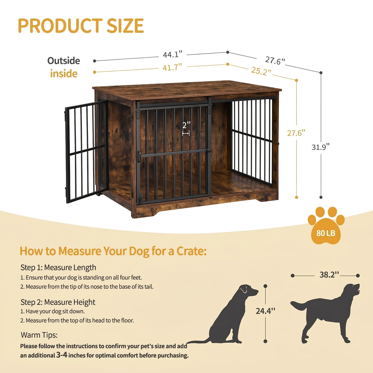 XL Large Dog Crate Furniture, 44.1" Indoor Dog Kennel Furniture with Barn Door, Wooden Tall Dog Crate, Heavy Duty Dog Cage for Large Dogs, Side End Table, Anti-Chew, Rustic Brown, Black, Greige Black, White Brown