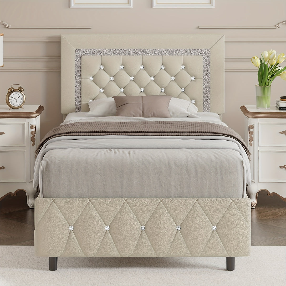 4ever2buy Twin Full Queen King Platform Bed Frame with Upholstered Diamond Headboard, Mattress Foundation with Strong Wooden Slats Support, No Box Spring Needed, Easy Assembly, Valentine's Day Gifts, Pearlized White, Black, Pink, Green, Grey, Beige