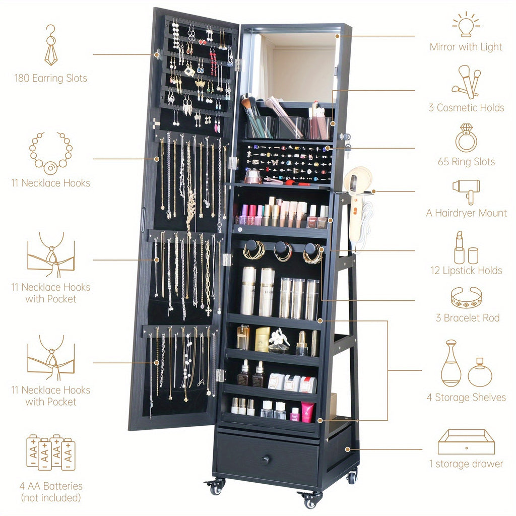 Mirror with Storage Jewelry Cabinet Standing Lockable Jewelry Organizer with Full-Length Mirror Storage Shelves Interior LED Mirror Jewelry Armoire with Wheels Hair Dryer Holder Christmas Gift, Jewelry Armoires
