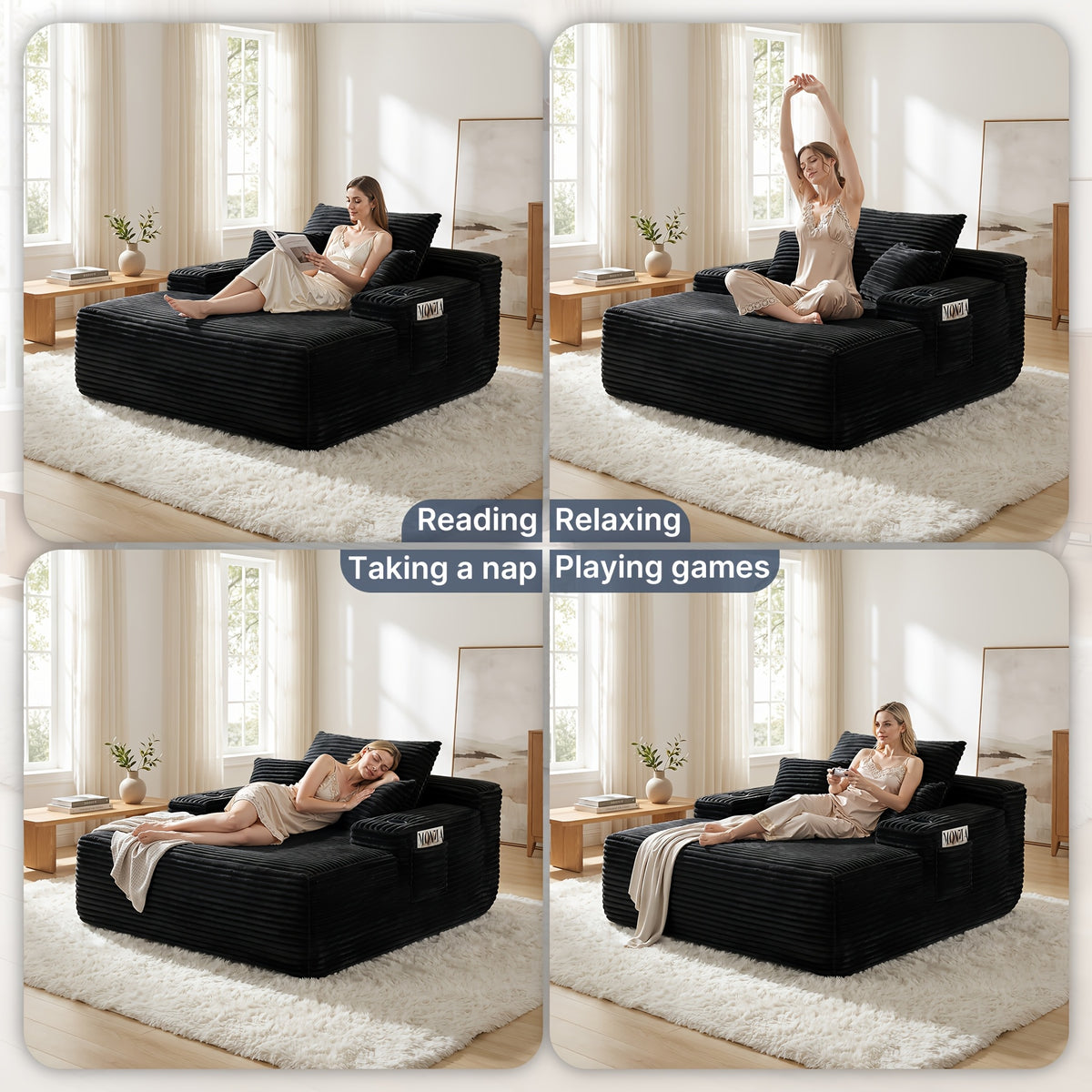 Extra-Large Boneless Sofa Chaise Lounge, with Cup Holder And Side Pockets, Living Room Sofa Chair Bed, Compressible High-Rebound Foldable Recliner, Supportive Pocket Spring System And High-Density Foam Padding, Non-Sinking Convertible Lounge Bed