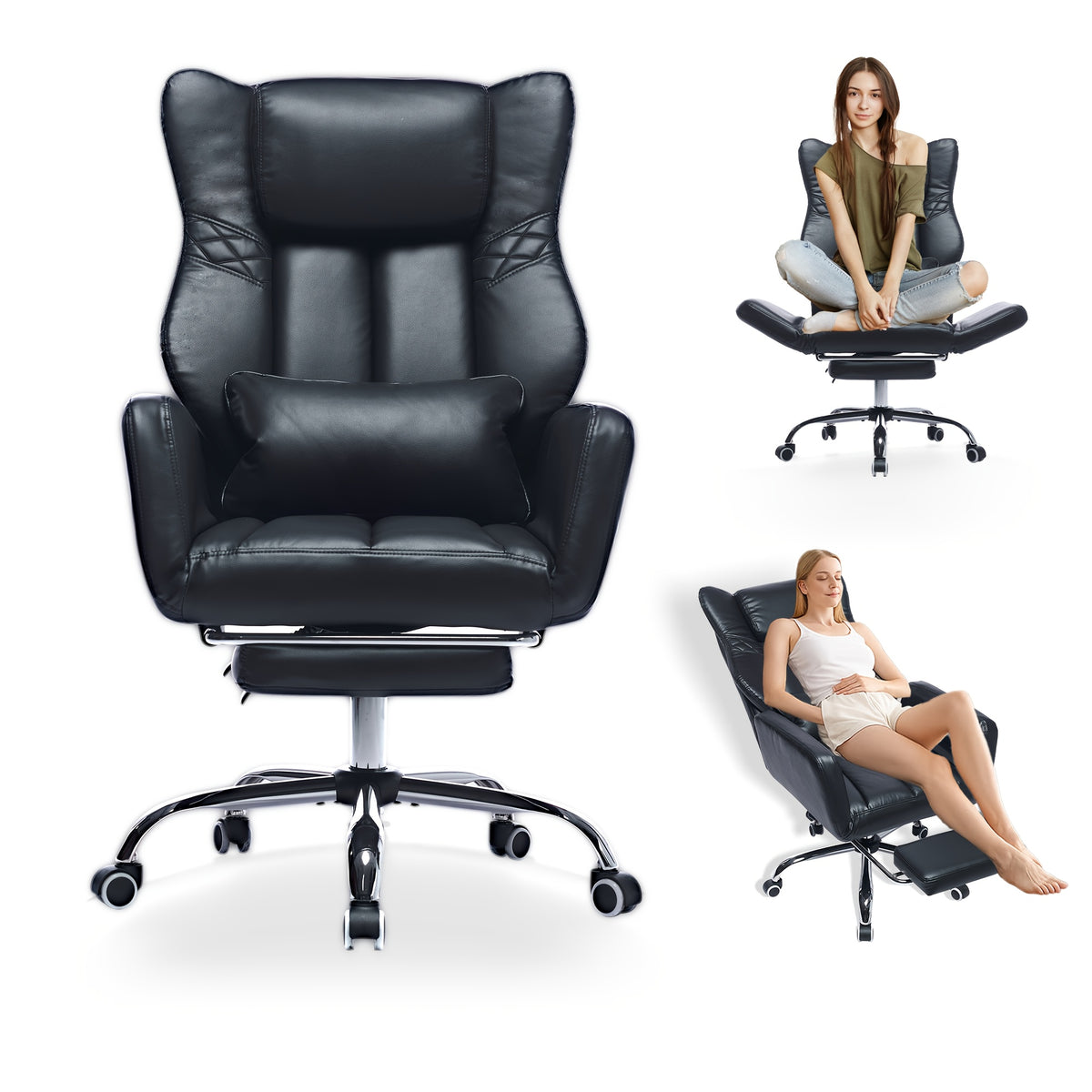 Criss Cross High Back Office Chair with Foot Rest, Ergonomic Cross Legged Desk Chair with Flip-up Armrest, Cozy Reclining 155°Swivel Chair for Home Office, Computer and Entertainment