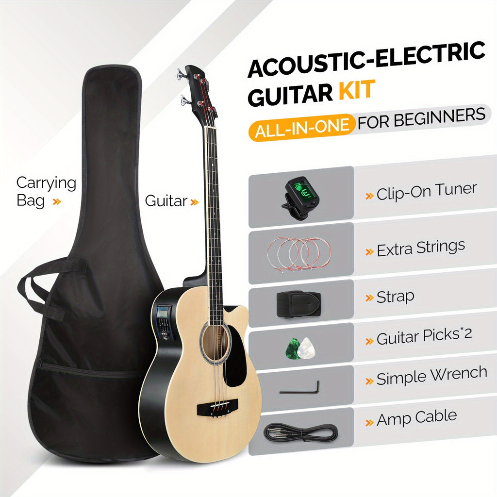 Glarry 4-String Full Size Acoustic-Electric Bass Guitar Kit, Folk Bass Guitar, Cutaway Style, for Beginner Student, ALL-IN-ONE Kit, Complete Accessories with Strap Gig Bag Picks Cable Wrench Tool, Gift for Music Lover