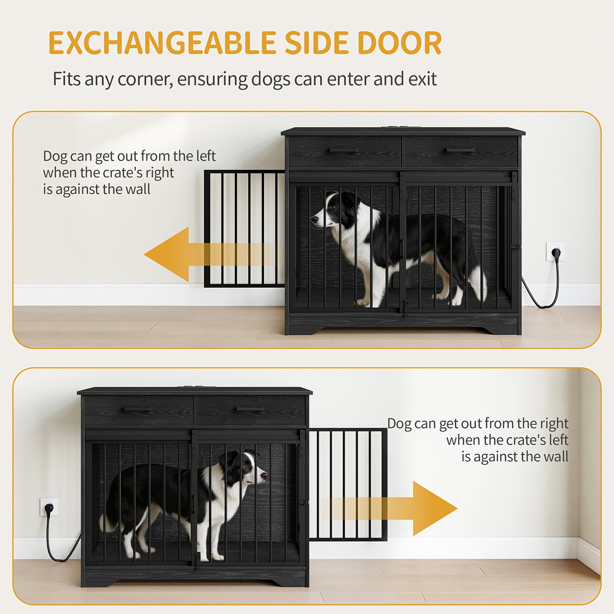 38.2'' Dog Crate Furniture with Charging Station, Barn Door Dog Kennel Indoor with 2 Storage Drawers, Wooden Pet Cage End Side Table for Medium/Large Dogs, Chew-Proof, Black/White Brown