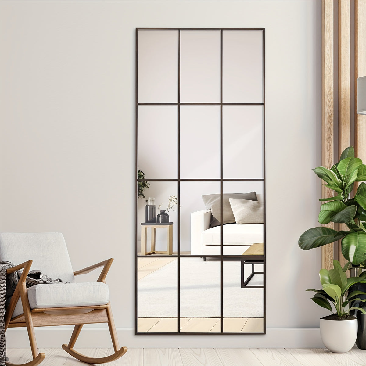 Windowpane Floor Mirror, Oversized Black Rectangular Grid Design for Bedroom, Living Room, or Entryway Decor