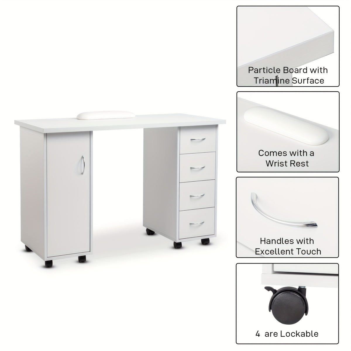 White/Black Melamine Laminate Textured Particle Board Nail Table, 47.2" X 21.3" X 31.9" 1-Door 4-Drawer Design, Ventilation-Free Manicure Station