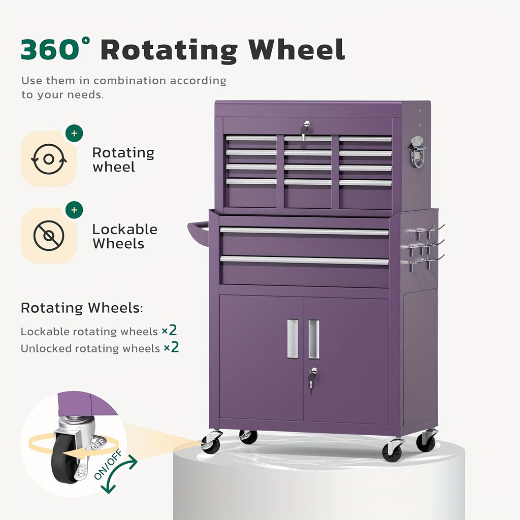 5/8-Drawer Rolling Tool Box, 2-IN-1 Tool Chest On Wheels, Tool Storage Cabinet And Organization For Garage Workshop Warehouse, Lab, Purple/ Pink Tool Box