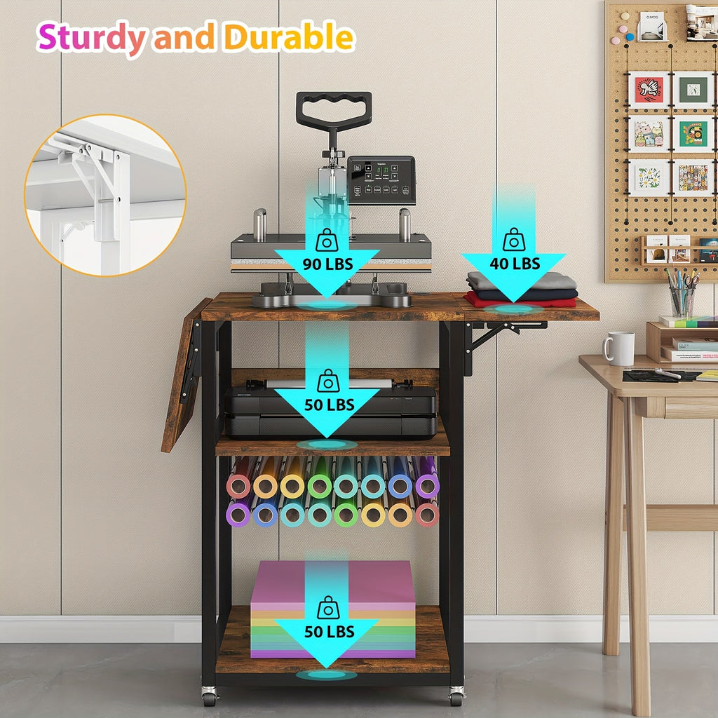 Foldable Heat Press Table, 3 Tier Movable Heat Press Stand With Vinyl Roll Holder, Heavy Duty Metal Shelf Cart For DIY Sublimation Transfer Machine And Printer, Brown