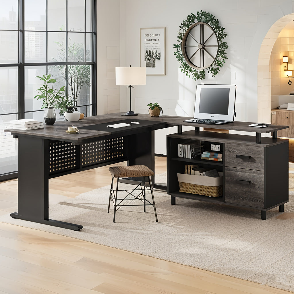 62.99" L Shaped Desk with Drawers And Storage, Farmhouse Computer Desk with File Drawers, Corner Executive Desk with Open Shelves for Home Office