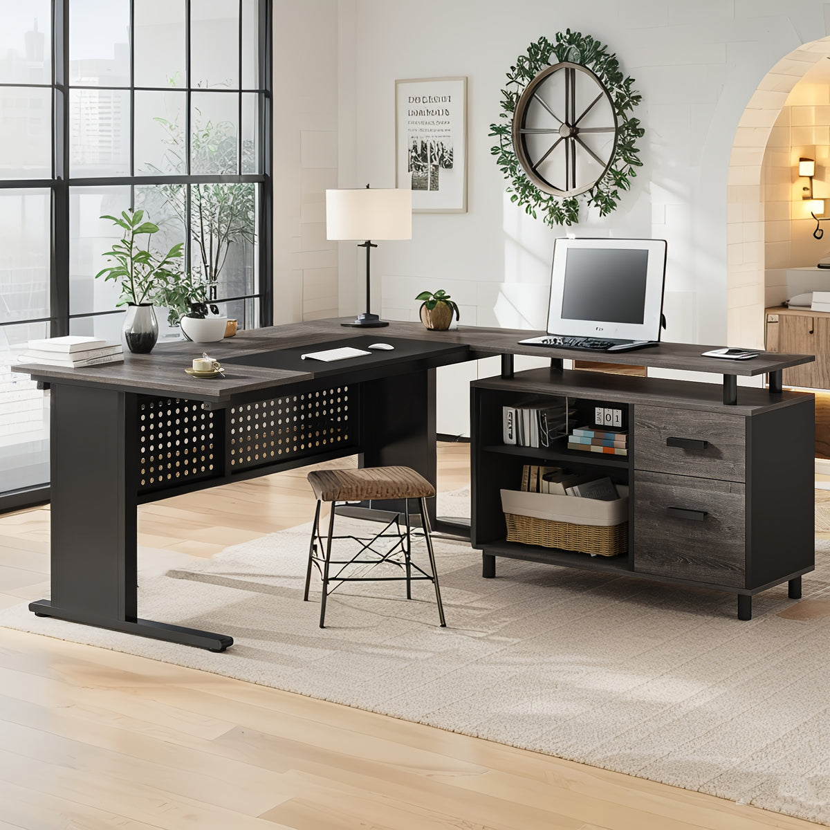 62.99" L Shaped Desk with Drawers And Storage, Farmhouse Computer Desk with File Drawers, Corner Executive Desk with Open Shelves for Home Office