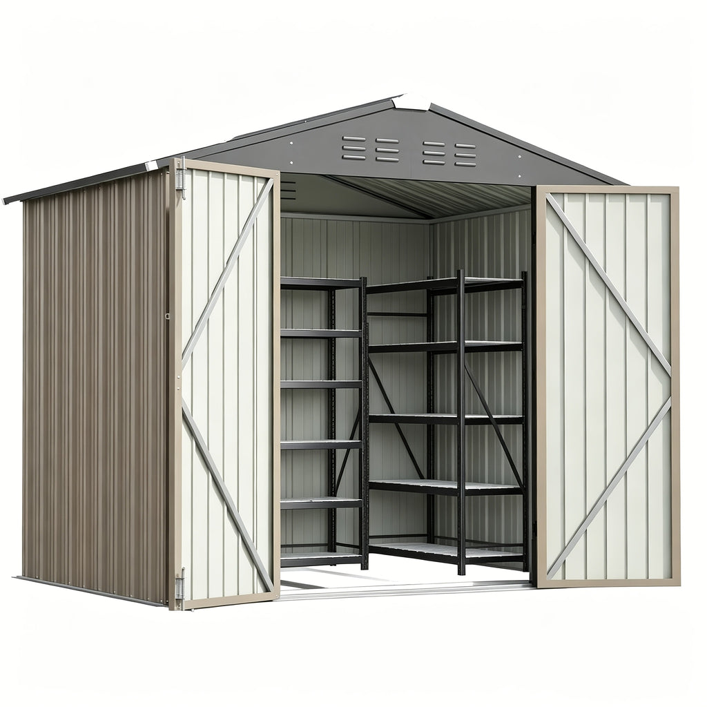 [Garden Storage Shed] GUNJI 5X3 FT And 6X4 FT And 8X6 FT Garden Storage Shed with Base Foundation, Heavy Duty Galvanized Steel Weatherproof Outdoor Tool Shed for Backyard Patio Lawn, Rust Resistant Lockable Door Tool House for Gardening Equipment Bike Sto