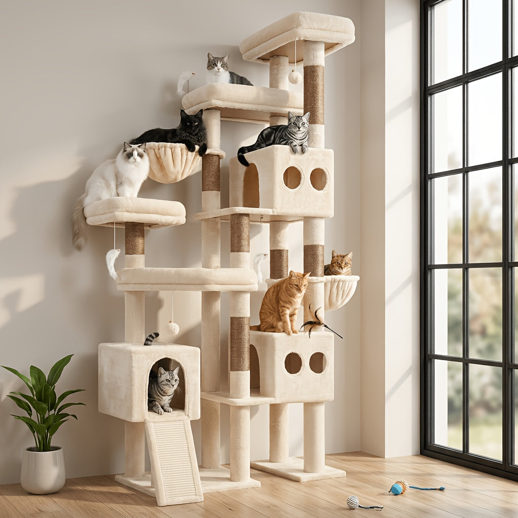 Globlazer 82-inch Cat Tower for Large Cats, Multi-Level Cat Tree for 4+ Indoor Cats with 3 Condos, 7 Sisal Scratching Posts, Scratching Board, 2 Hammocks & 3 Perches, S82D, Light Grey