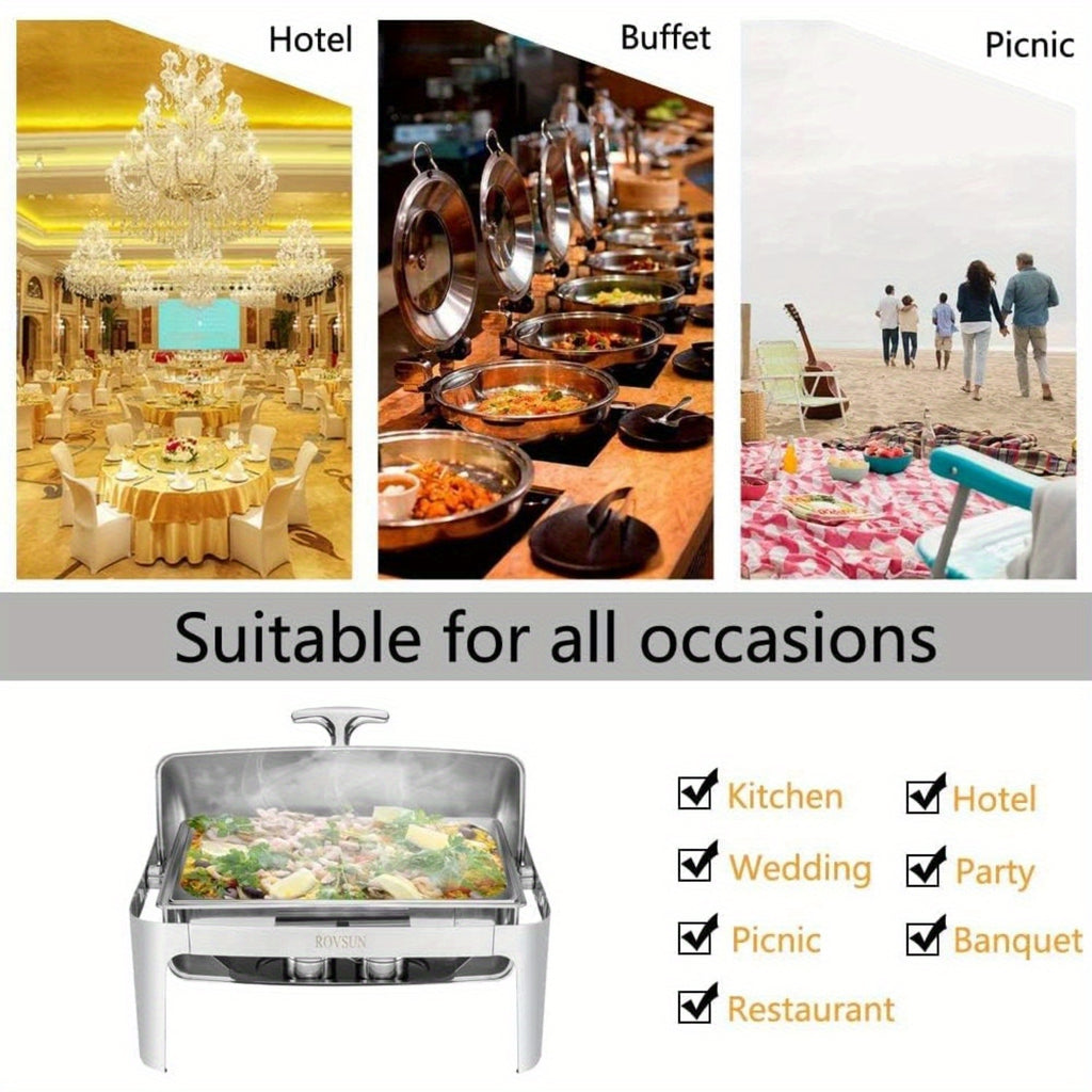 Chafing Dish Buffet Set, 9 Quart Roll Top Stainless Steel Chafer, NSF Rectangular Set with Food Pan, Water Pan and Fuel Holders, for Wedding, Parties, Banquet, Catering Events only for cooking