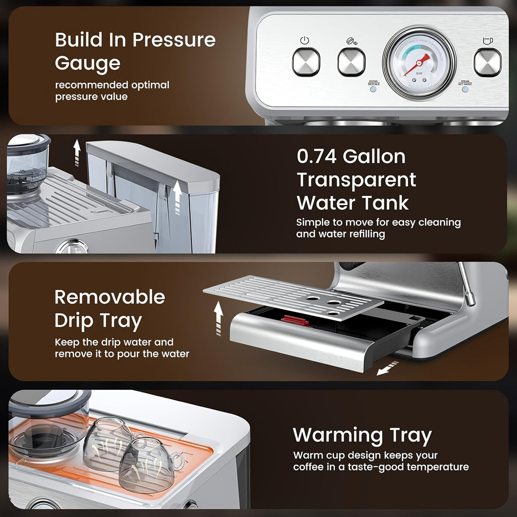 20 Bar Espresso Machine with Built-In Grinder, Professional Cappuccino And Latte Machines with Milk Frother, 3-In-1 Stainless Steel Espresso Coffee Maker for Home, Office, Or Cafe