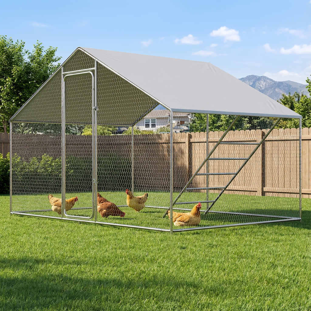 Large Metal Chicken Coop, 10X6.5X6.5Ft Chicken Runs for Yard with Cover, Walk-In Chicken Coop with Roosting Perch And Door