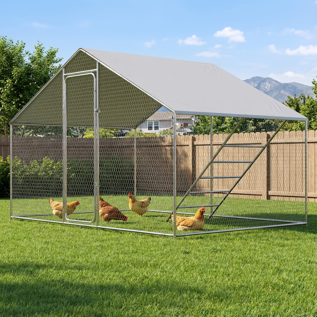 Large Metal Chicken Coop, 10X6.5X6.5Ft Chicken Runs for Yard with Cover, Walk-In Chicken Coop with Roosting Perch And Door
