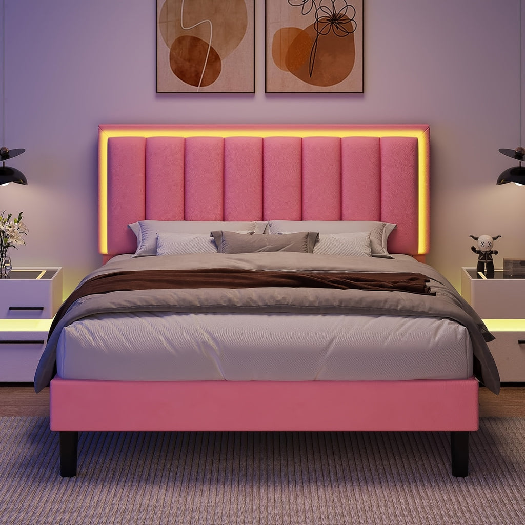 Twin Full Queen Size Bed Frame with LED Lights, Upholstered Queen Size Bed Frame with Headboard And Footboard, Heavy Duty Wood And Metal Slats Support, Noise-Free, No Box Spring Needed, Queen Bed Easy Assembly, Black, White, Pink