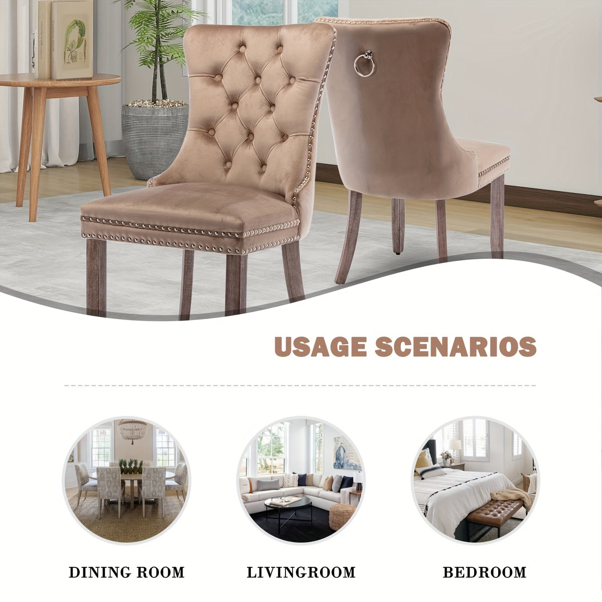 Velvet Upholstered Dining Chairs Set Of 2, Wingback Dining Room Chairs with Ring Pull Trim And Button Back, Luxury Tufted Dining Chair for Living Room, Bedroom, Kitchen