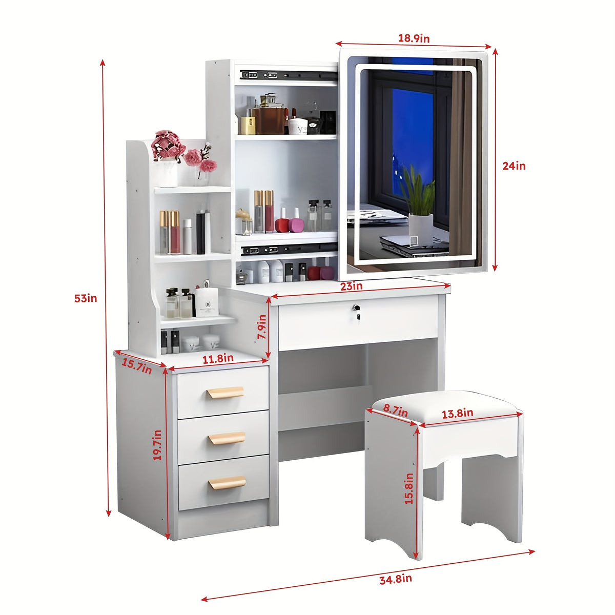 White Dressing Table with Sliding Mirror And Stool 4 Drawers Home High-End Bedroom Dressing Cabinet Integrated Small Apartment
