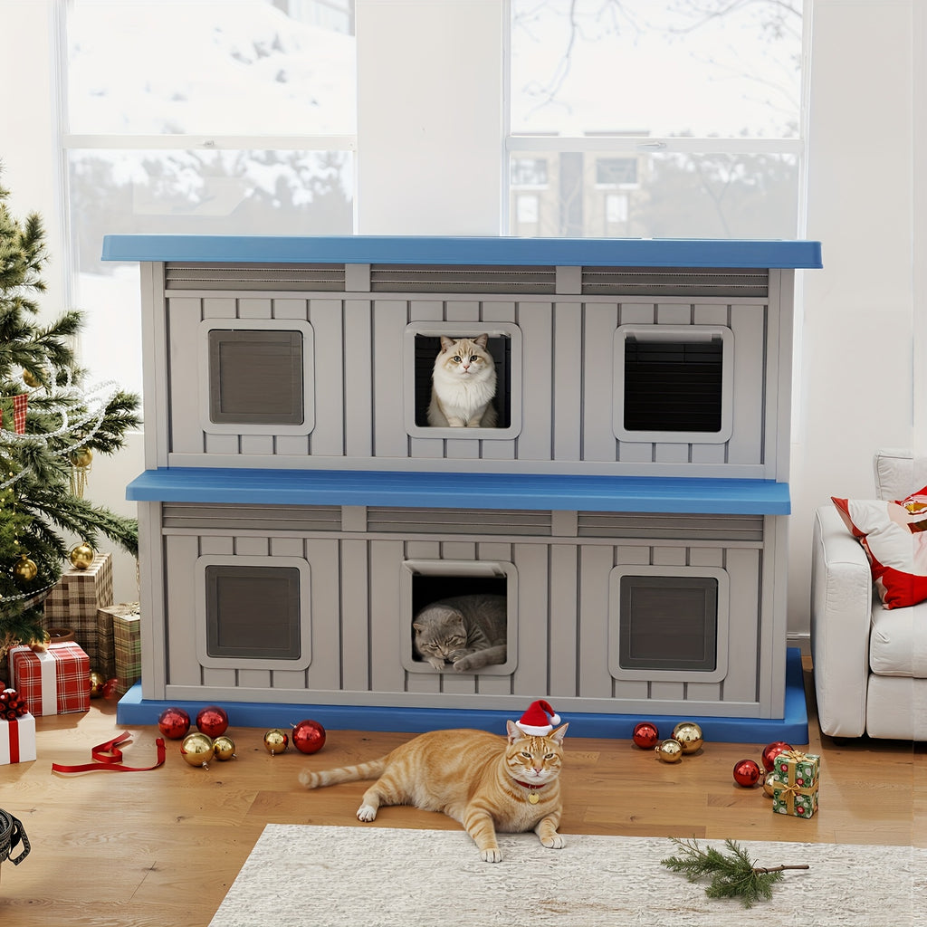 Double-Layer Stray Cat House - 2-Story Outdoor/ Cat Shelter with Large Cozy Space, Multiple Small Windows for Ventilation, Easy Assembly Solid Structure, Gray-Black for stray & feral cats (No Required)