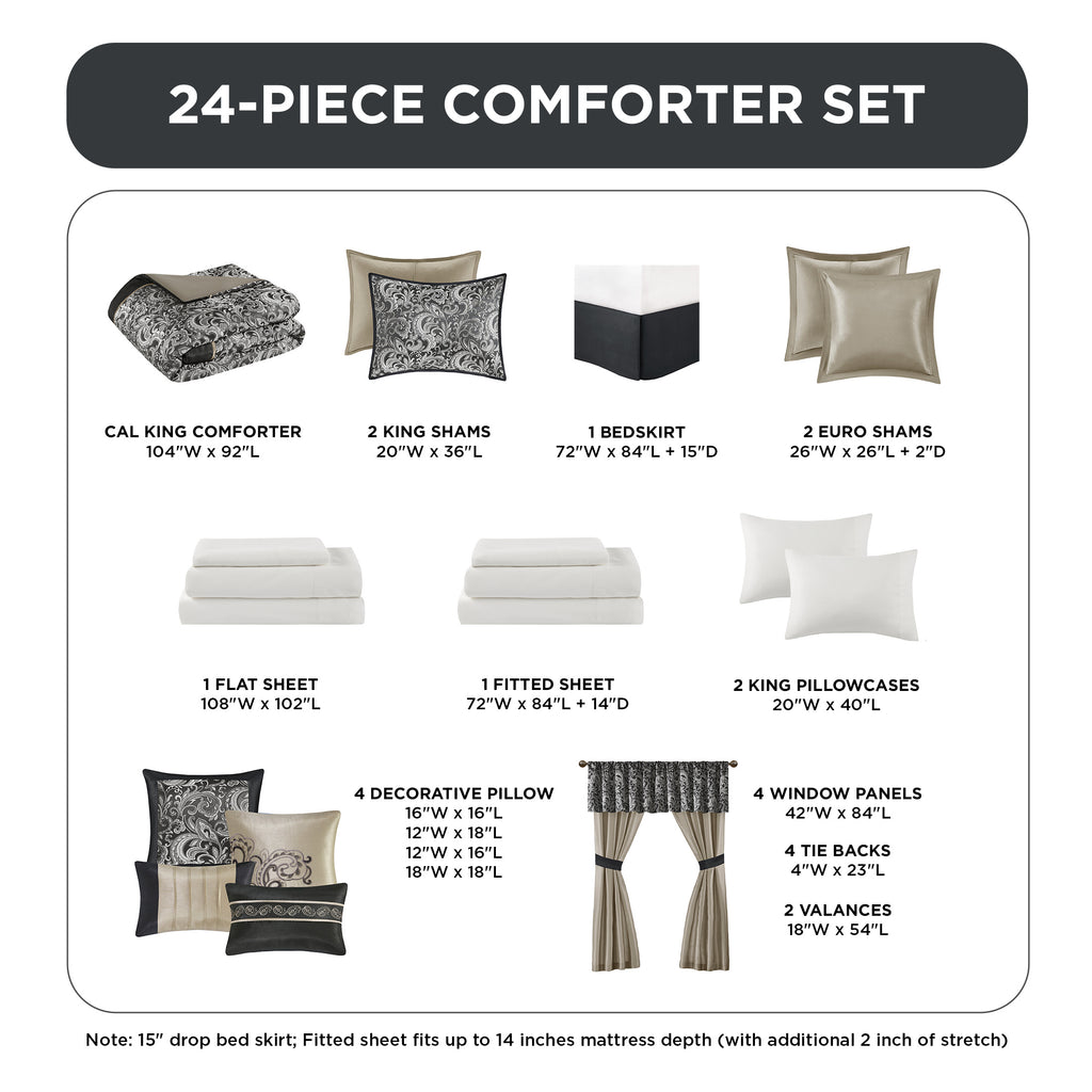24-Piece Jacquard Paisley Comforter Set, Luxury Bedding Set, Room in a Bag, Bed in a Bag, Queen, King, CalKing, Sheet, Panels