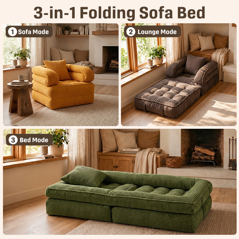 3-in-1 Convertible Folding Sofa Bed, Floor Futon Couch Cloud Shaped Corduroy Upholstered, High-Density Foam Ultra-Soft Comfy Lounge Bean Bag Chair, Versatile Pull-Out Sleeper for Living Room Guest