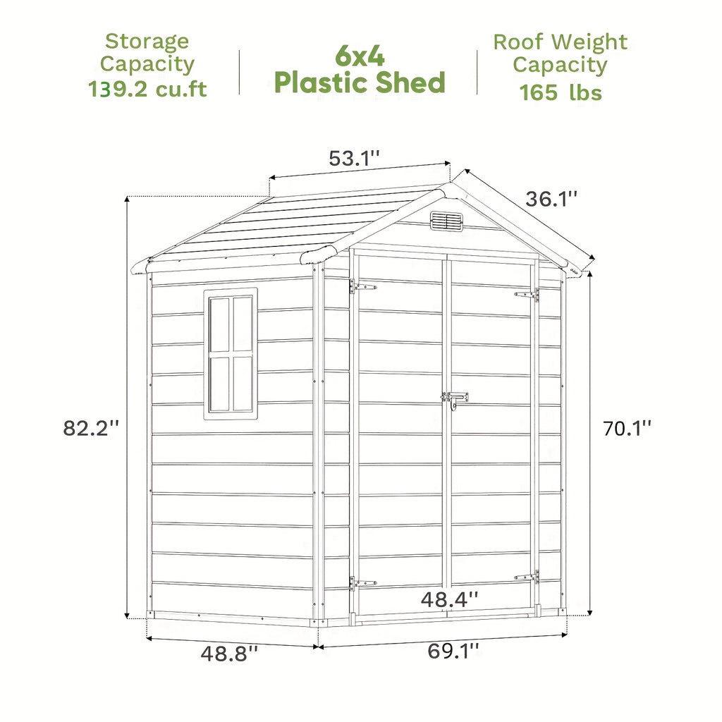 GUNJI 6X4 FT And 5X4 FT Plastic Outdoor Storage Shed with Floor, Resin Outside Tool Shed with a Window And Lockable Door for Garden, Backyard, Tool Storage Use, Easy to Install, Light Gray (Fit-It Shed)
