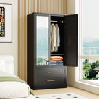 71 Inch Metal Wardrobe with Mirror, 2 Drawers, Adjustable Shelves And Hangers, Clothing Storage Cabinet for Bedroom