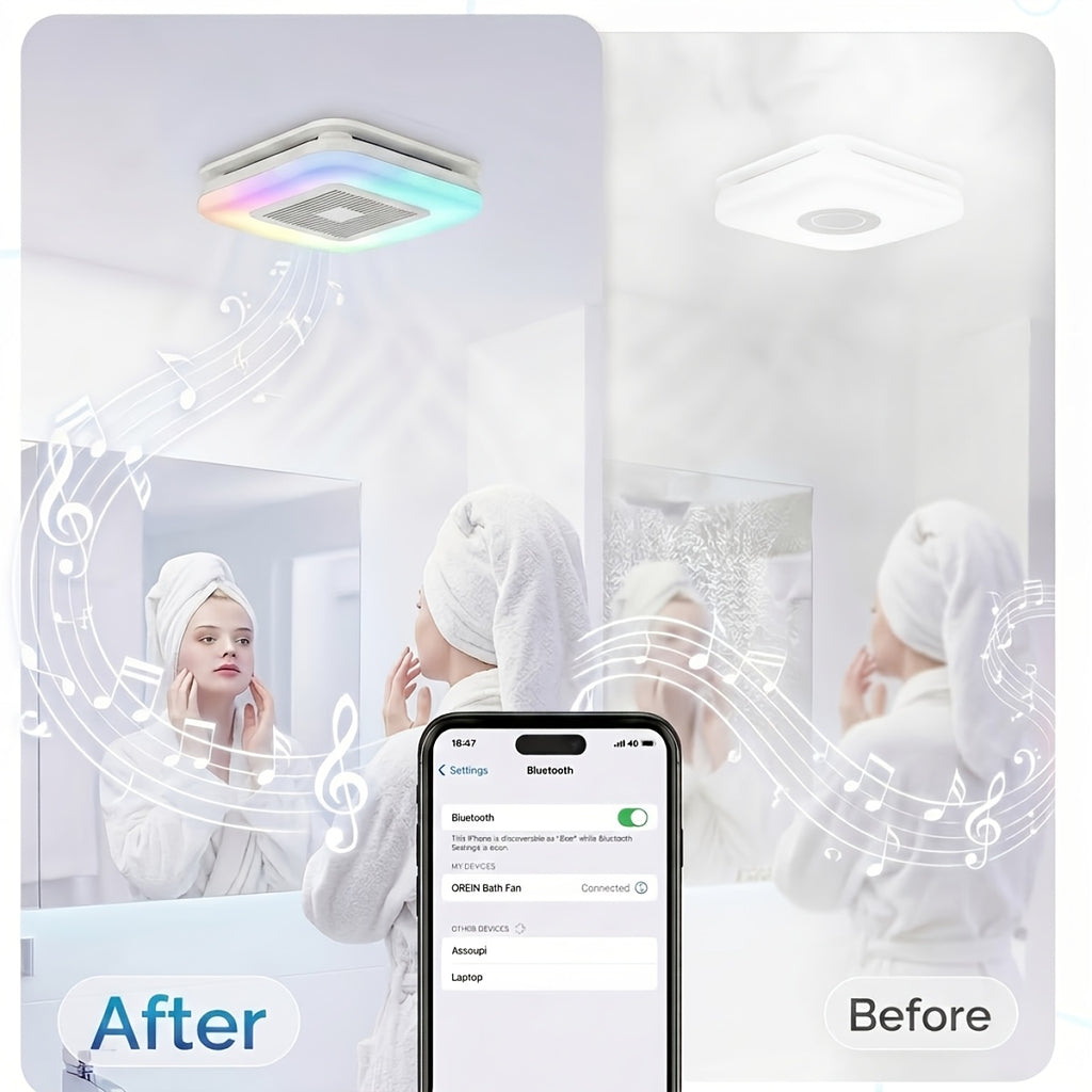 [3-in-1 Bluetooth Fan] SYVIO Bathroom Exhaust Fan with Bluetooth Speaker, 3-in-1, (100/150 CFM | 1.0 Sone Ultra-quiet)Dual Wind Speed, 30W High-efficiency Ventilation, Integrated 1300lm RGB Three-color Temperature LED Night Lighting (2700K/4000K/6500K) Mu