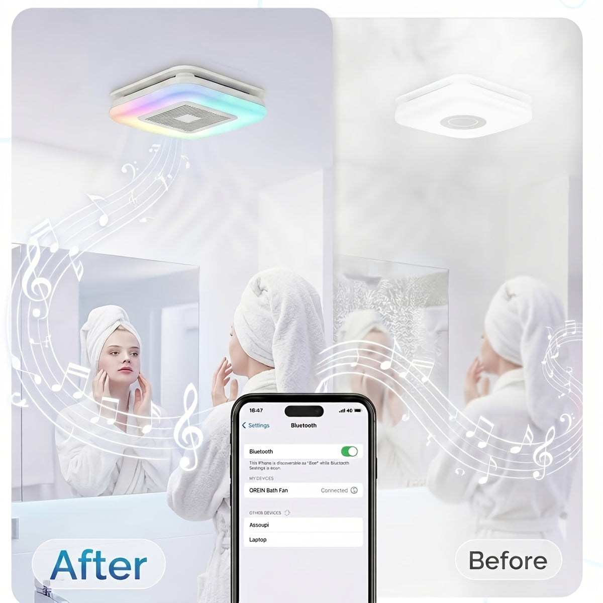 [3-in-1 Bluetooth Fan] SYVIO Bathroom Exhaust Fan with Bluetooth Speaker, 3-in-1, (100/150 CFM | 1.0 Sone Ultra-quiet)Dual Wind Speed, 30W High-efficiency Ventilation, Integrated 1300lm RGB Three-color Temperature LED Night Lighting (2700K/4000K/6500K) Mu