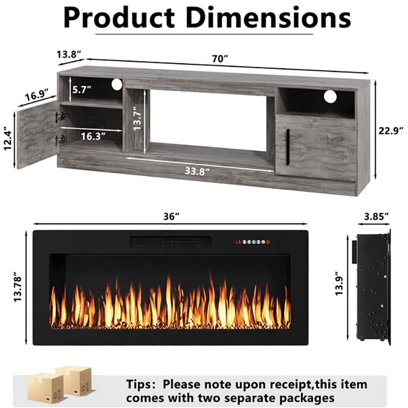 70“ Fireplace TV Stand with 36" Electric Fireplace Up to 80" TVs, Led Entertainment Center with High Glossy Doors, Modern Wood Media TV Console for Living Room