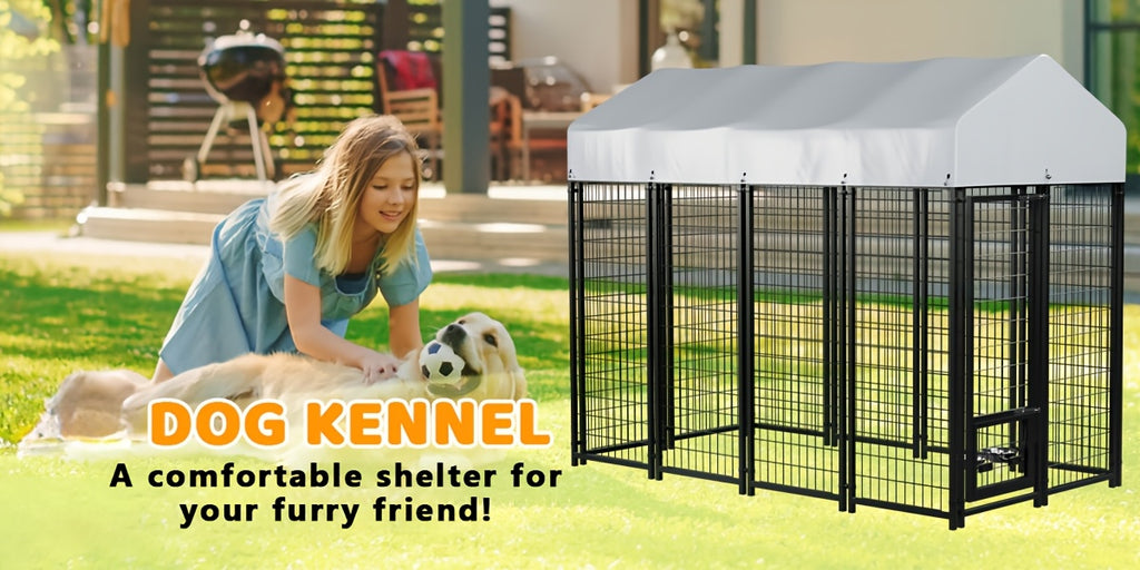 Outdoor Dog Kennel for Large Dogs, Heavy-duty Welded Wire Steel Dog Playpen Fence with Secure Lock, Rotating Dog Bow, Pet Run with UV-Resistant