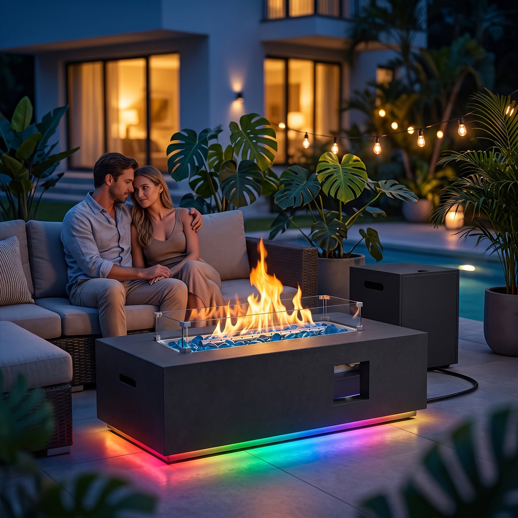 1pc 42 Inch Rectangular Propane Fire Pit Table 50, 000 BTU, Outdoor Gas Firepit With Lid, Blue Fire Glass & Glass Wind Guard, RGB/Warming Light, Includes Rain Cover For Patio, Backyard Deck (Black/Grey/Light Grey)