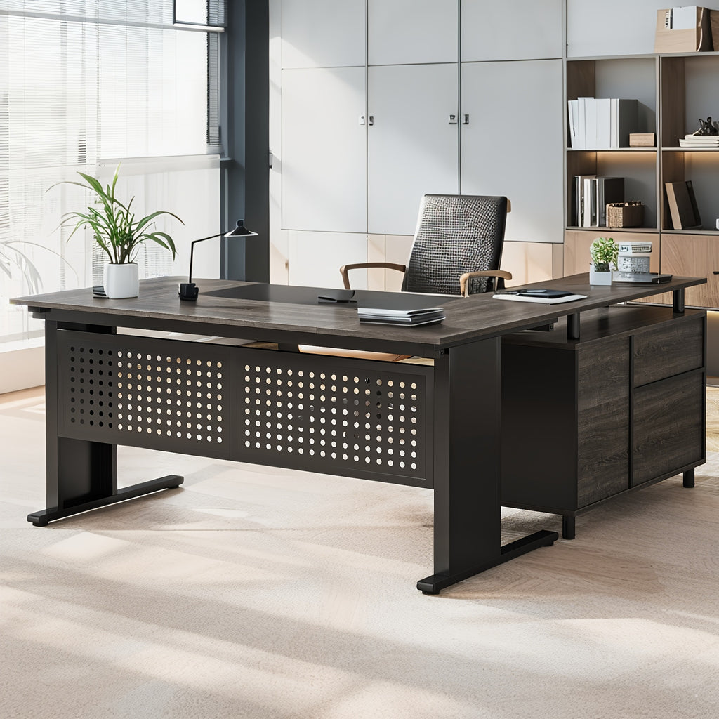 62.99" L Shaped Desk with Drawers And Storage, Farmhouse Computer Desk with File Drawers, Corner Executive Desk with Open Shelves for Home Office