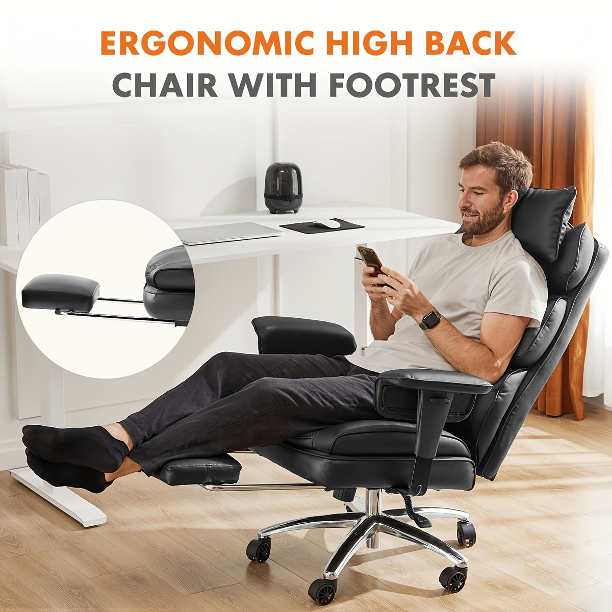 Home Office Reclining Desk Chair, Big and Tall High Back Executive Computer Task Chair with Leg Rest and Lumbar Support, Adjustable Height and Footrest, Armrest