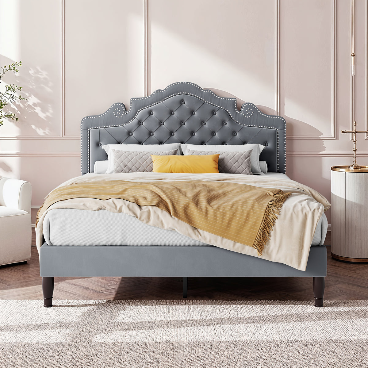 HOOMIC Full/Queen/King Size Bed Frame with Adjustable Velvet Tiara Headboard, Upholstered Diamond Button Tufted Platform Bed, Wooden Slats Support, No Box Spring Needed, Easy Assembly, Black