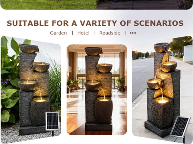 Solar Outdoor Water Fountain, 38.2-Inch 4-Tier Cascading Bowls and Stacked Stones with LED Lights