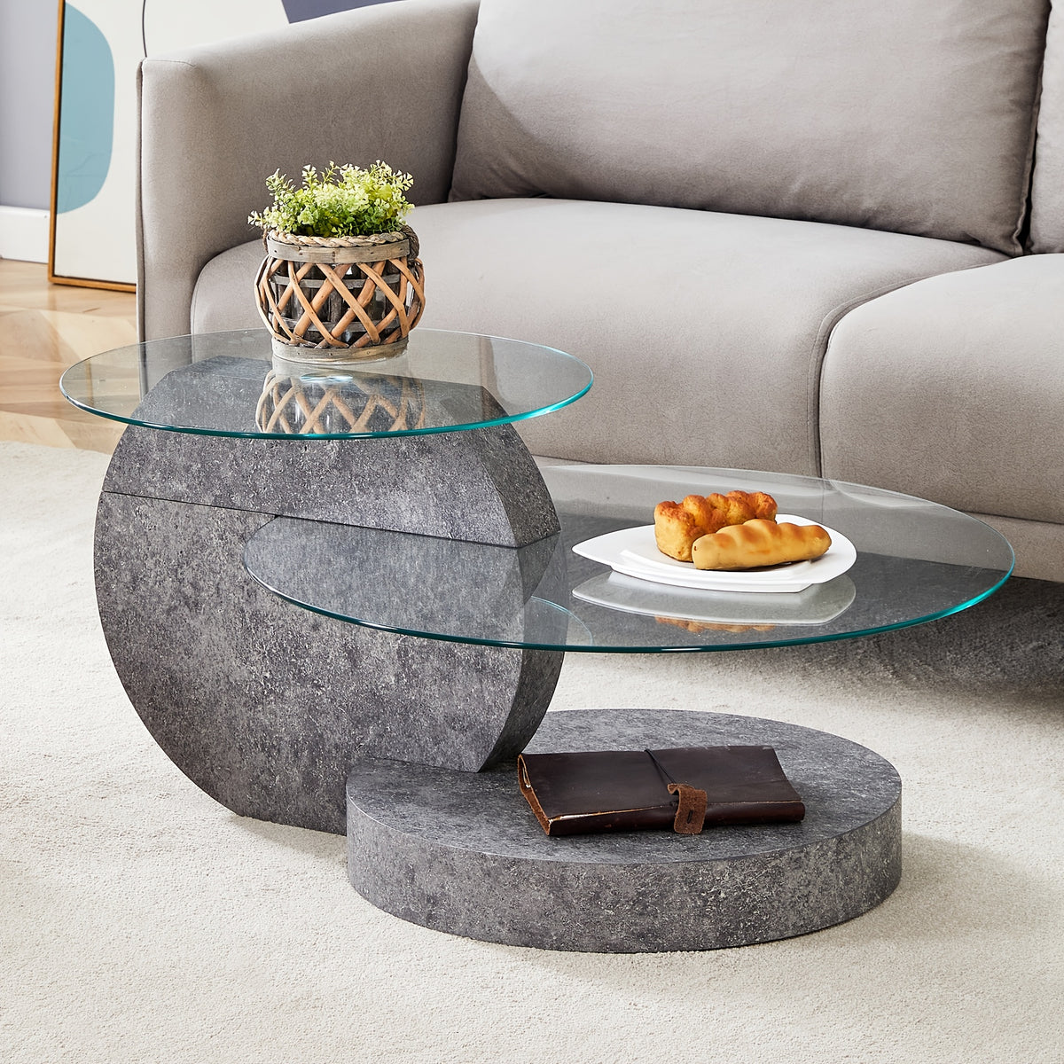 Glass Coffee Table for Small Spaces with Three-Tier Storage and a Clear Tempered Glass Top