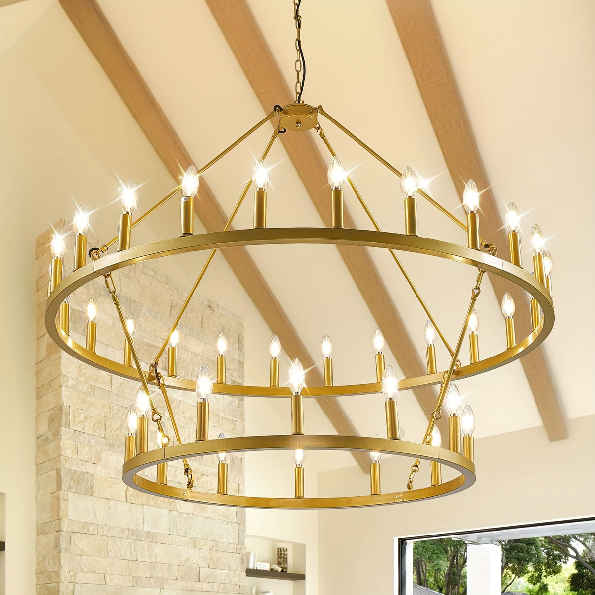 [Modern Farmhouse Chandelier] Modern Farmhouse Chandelier 2 Tier Round Wheel Chandelier Large High Ceiling Light