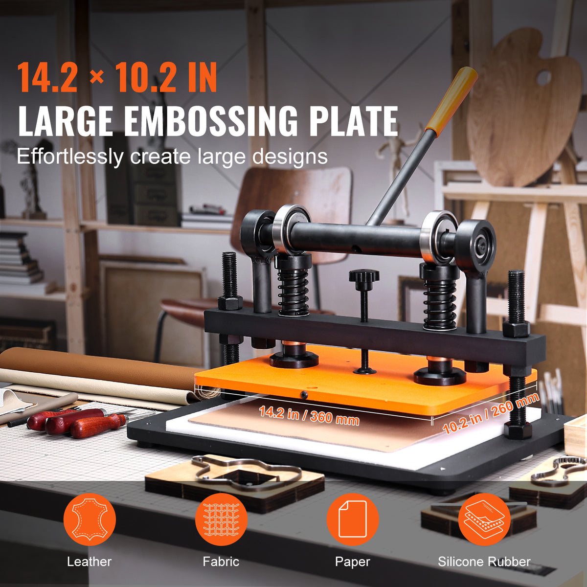 VEVOR Leather Cutting Machine, 10.2 x 4.7/10.2 x 5.9/14.2 x 10.2 in Embossing Plate Manual Die Cutter, 0.47 in Pressure Stroke Leather Embossing Machine, Dual Guide Shafts Die Cut Machine for Various of Materials