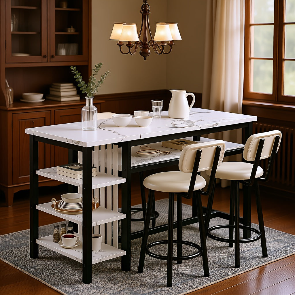 3pcs Dining Room Table Set with Faux Leather Upholstered Bar Stools, Modern Farmhouse Style Dining Table Set with Multiple Tier Storage Shelves, MDF Table Top and Metal Frame, Counter Height Breakfast Nook Table Set for Small Spaces Family