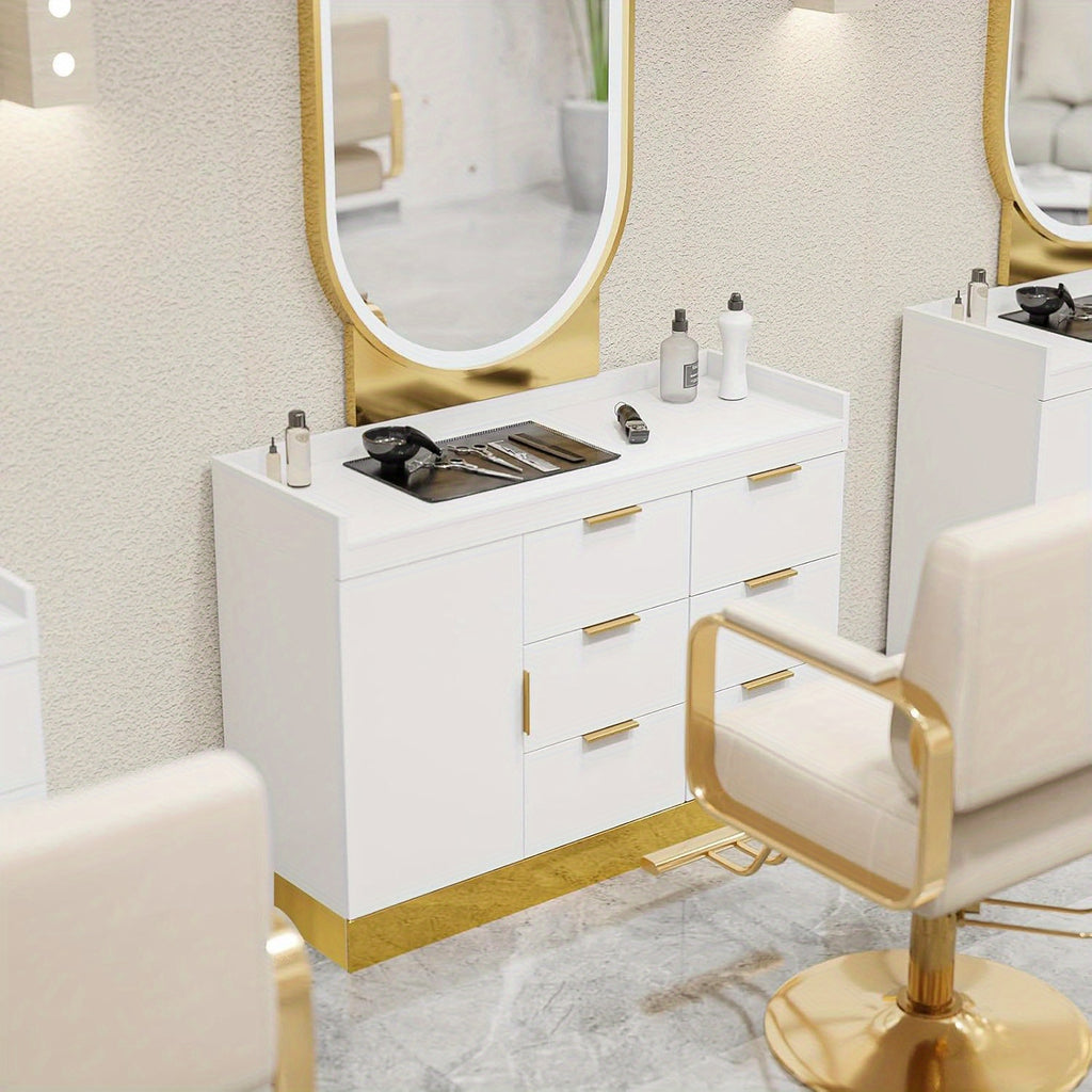 OmySalon Free-Standing Salon Station with 6 Drawers & Storage Cabinet - White Golden & Black Golden Barber Organizer, No Power Required, Durable Mobile Hair Styling Station for Salon & Spa Organization, Sleek Modern Design, Barber Supplies